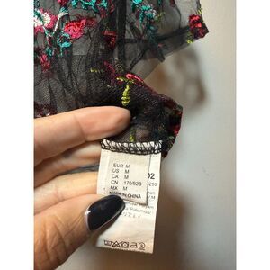 Black Sheer Mesh Floral Embroidered Crop Top Women's M Fairycore Boho